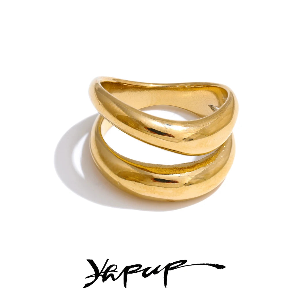 Yhpup 6789# Stainless Steel Metal Double Layer Geometric Cast High Quality Ring Water Resistant Texture Fashion Daily Jewelry