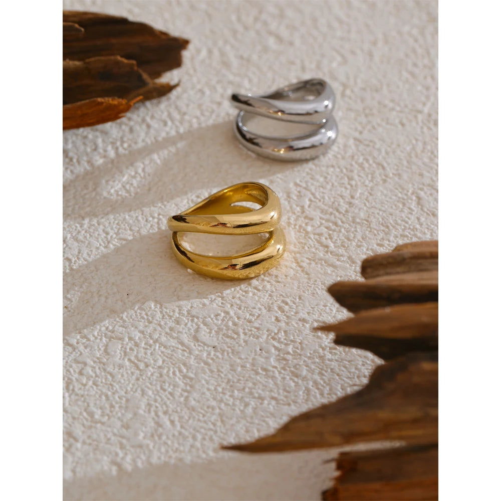 Yhpup 6789# Stainless Steel Metal Double Layer Geometric Cast High Quality Ring Water Resistant Texture Fashion Daily Jewelry