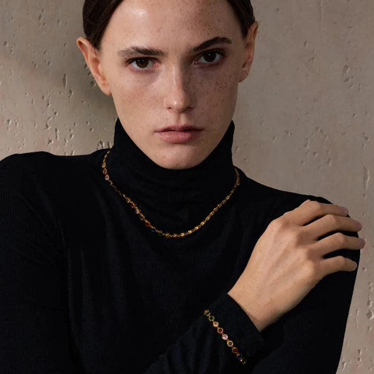 Yhpup Exquisite Colorful Cubic Zirconia Luxury Cast Chain Necklace Bracelet for Women Stainless Steel Waterproof Jewelry Gift