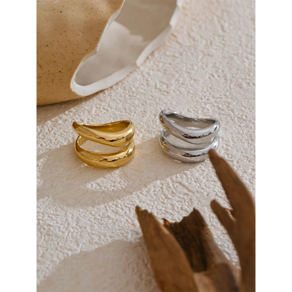 Yhpup 6789# Stainless Steel Metal Double Layer Geometric Cast High Quality Ring Water Resistant Texture Fashion Daily Jewelry