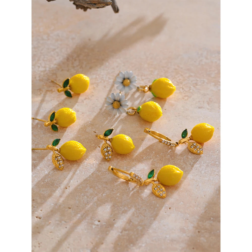Yhpup Fashion Yellow Resin Zirconia Fruit Lemon Dangle Earrings for Women Stainless Steel Arrivals Chic Jewelry Wholesale