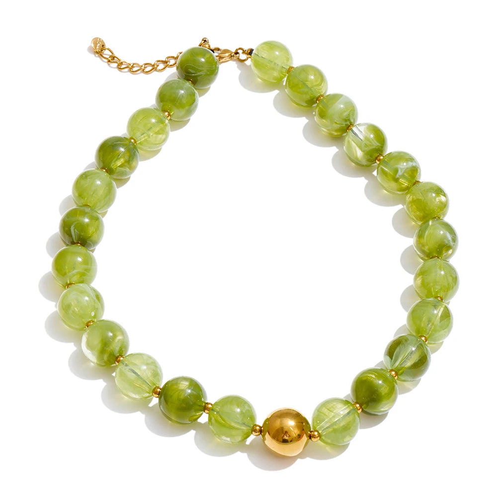 Yhpup Multi-color Resin Round Beads Chain Statement Necklace Bracelet Stainless Steel Popular Handmade Daily Trendy Jewelry Gift