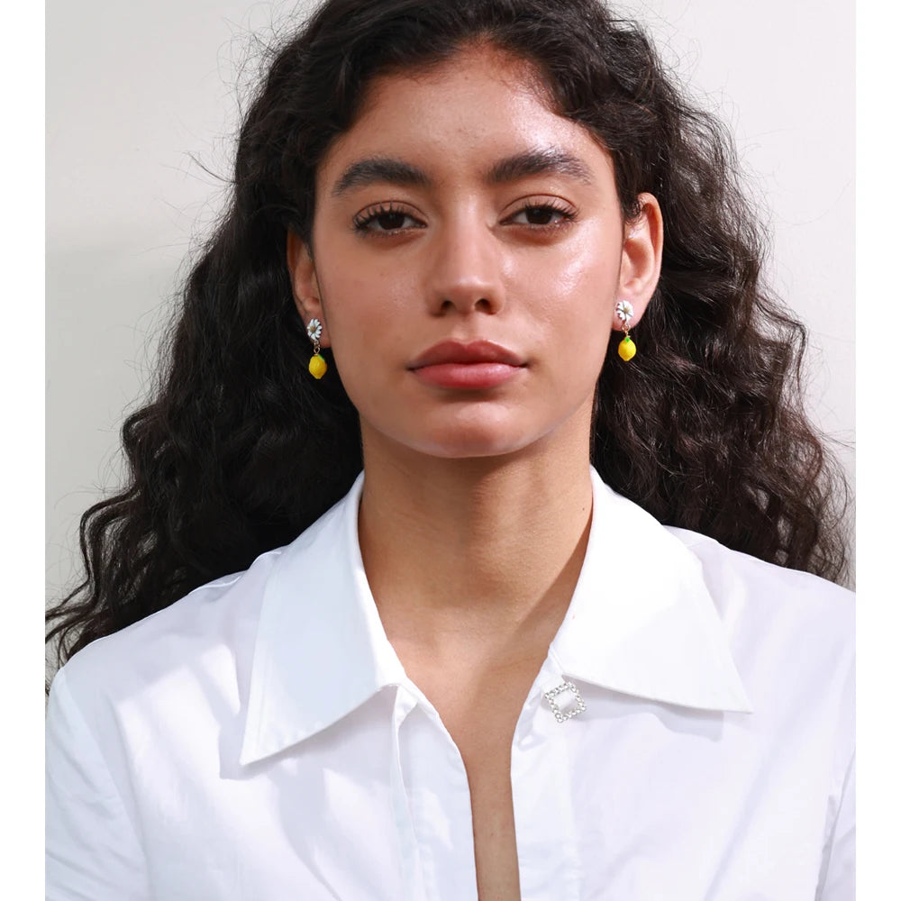 Yhpup Fashion Yellow Resin Zirconia Fruit Lemon Dangle Earrings for Women Stainless Steel Arrivals Chic Jewelry Wholesale