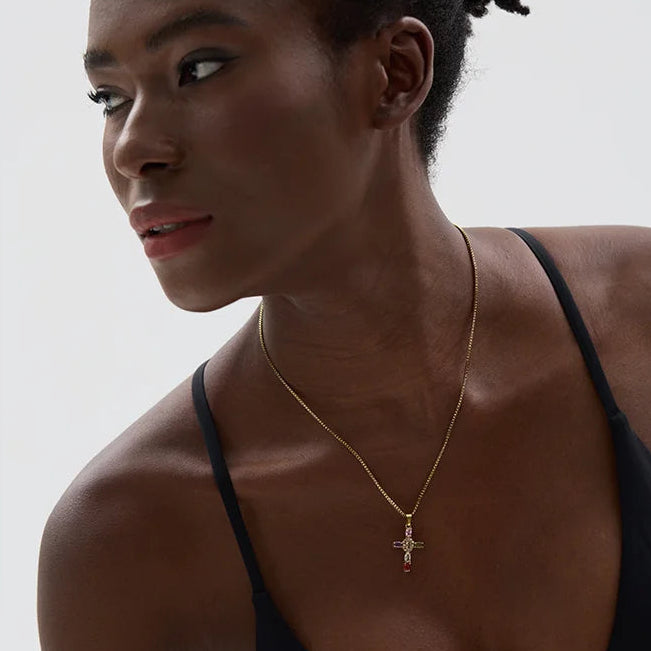 Yhpup Delicate Colorful Bling Cubic Zirconia Cross Pendant Stainless Steel Luxury Necklace High-Grade Fashion Shiny Jewelry Gift