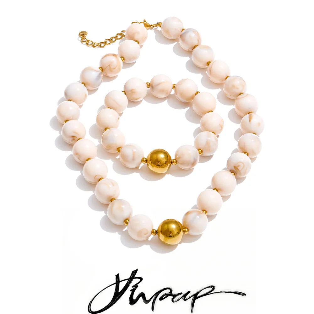 Yhpup Multi-color Resin Round Beads Chain Statement Necklace Bracelet Stainless Steel Popular Handmade Daily Trendy Jewelry Gift