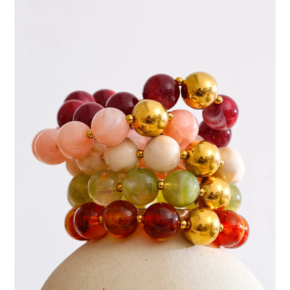 Yhpup Multi-color Resin Round Beads Chain Statement Necklace Bracelet Stainless Steel Popular Handmade Daily Trendy Jewelry Gift