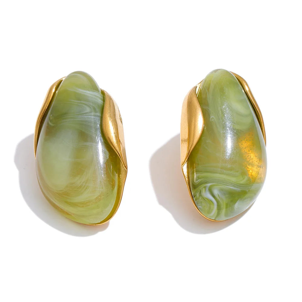 Yhpup New Resin Geometric Stud Earrings for Women 18K Golden Plated Stainless Steel Fashion Daily Jewelry Brown Green Beige