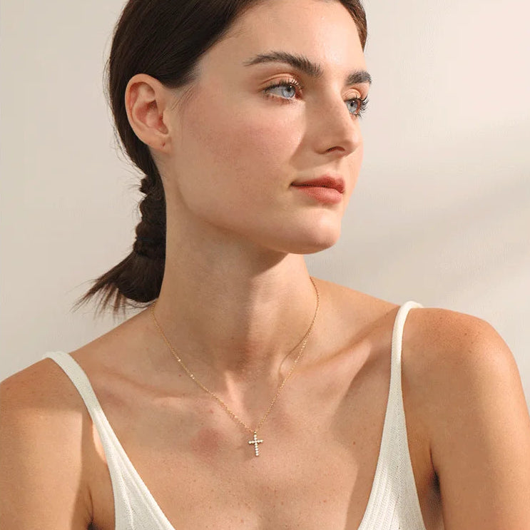 Yhpup Delicate Shiny Cubic Zirconia 316L Cross Pendant Necklace for Women Stainless Steel High Quality Jewelry Water Resistant