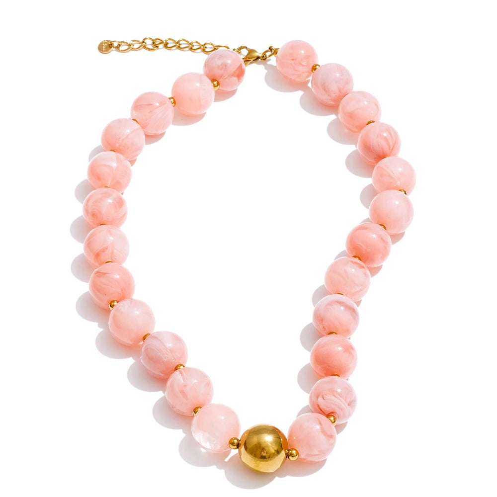 Yhpup Multi-color Resin Round Beads Chain Statement Necklace Bracelet Stainless Steel Popular Handmade Daily Trendy Jewelry Gift