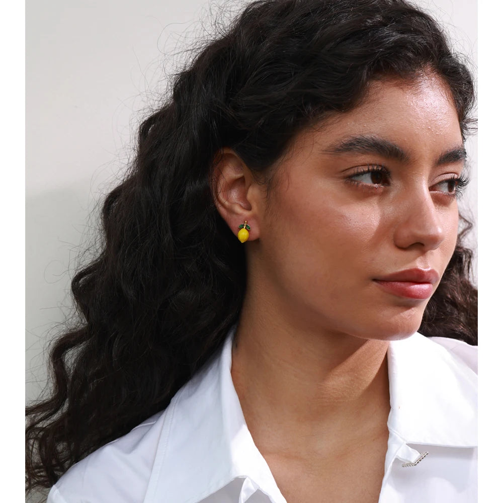 Yhpup Fashion Yellow Resin Zirconia Fruit Lemon Dangle Earrings for Women Stainless Steel Arrivals Chic Jewelry Wholesale