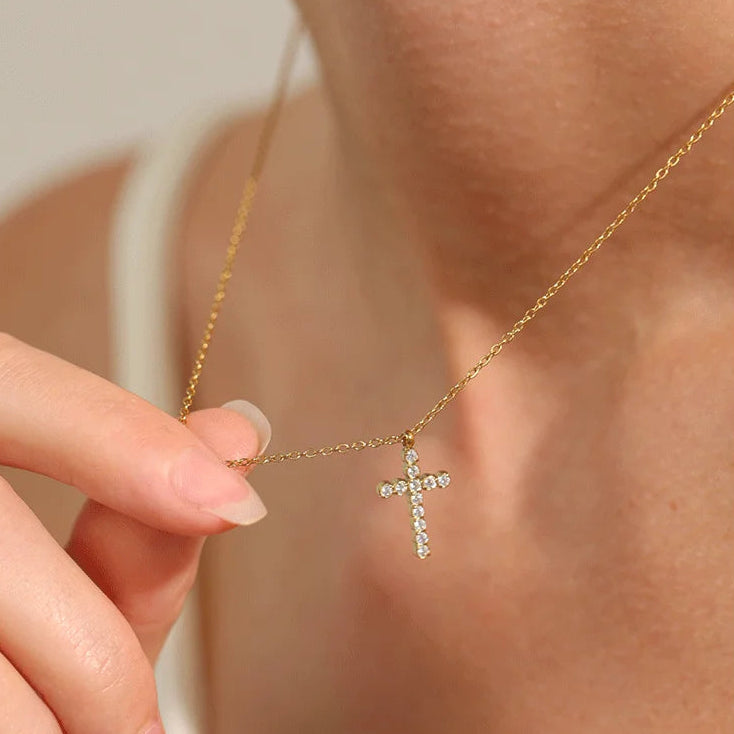 Yhpup Delicate Shiny Cubic Zirconia 316L Cross Pendant Necklace for Women Stainless Steel High Quality Jewelry Water Resistant