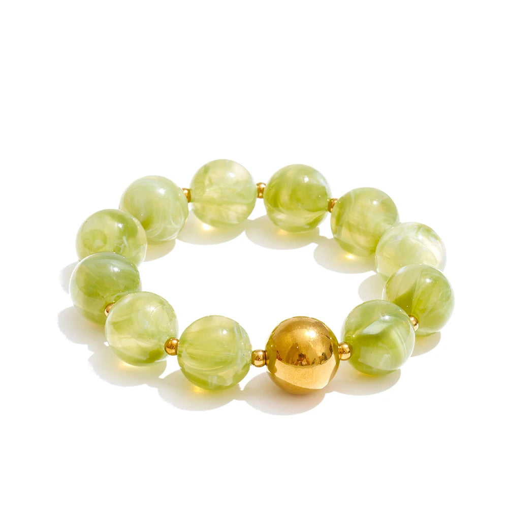 Yhpup Multi-color Resin Round Beads Chain Statement Necklace Bracelet Stainless Steel Popular Handmade Daily Trendy Jewelry Gift