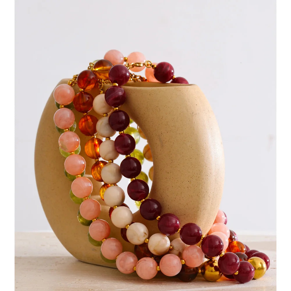 Yhpup Multi-color Resin Round Beads Chain Statement Necklace Bracelet Stainless Steel Popular Handmade Daily Trendy Jewelry Gift