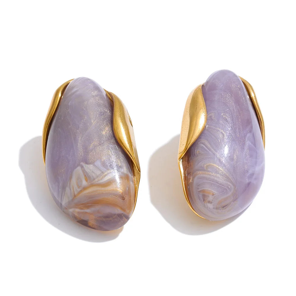 Yhpup New Resin Geometric Stud Earrings for Women 18K Golden Plated Stainless Steel Fashion Daily Jewelry Brown Green Beige