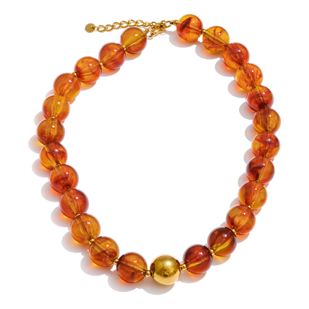 Yhpup Multi-color Resin Round Beads Chain Statement Necklace Bracelet Stainless Steel Popular Handmade Daily Trendy Jewelry Gift