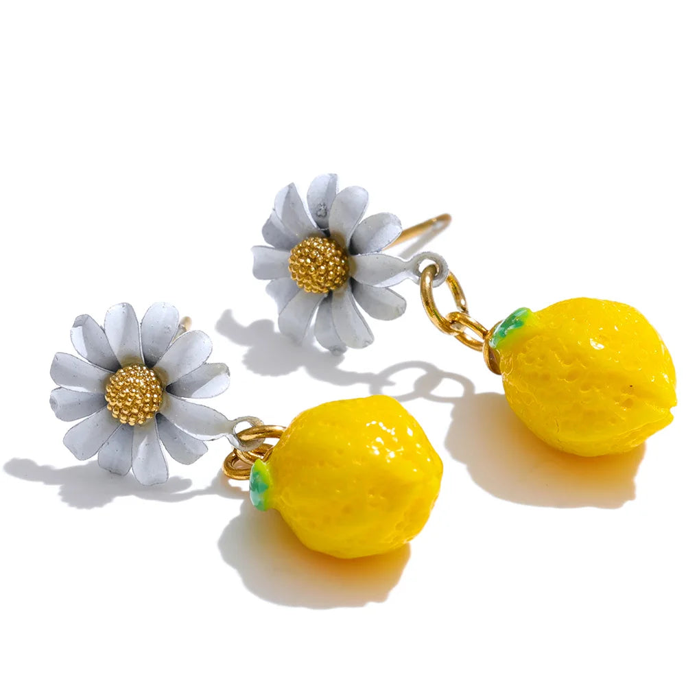 Yhpup Fashion Yellow Resin Zirconia Fruit Lemon Dangle Earrings for Women Stainless Steel Arrivals Chic Jewelry Wholesale