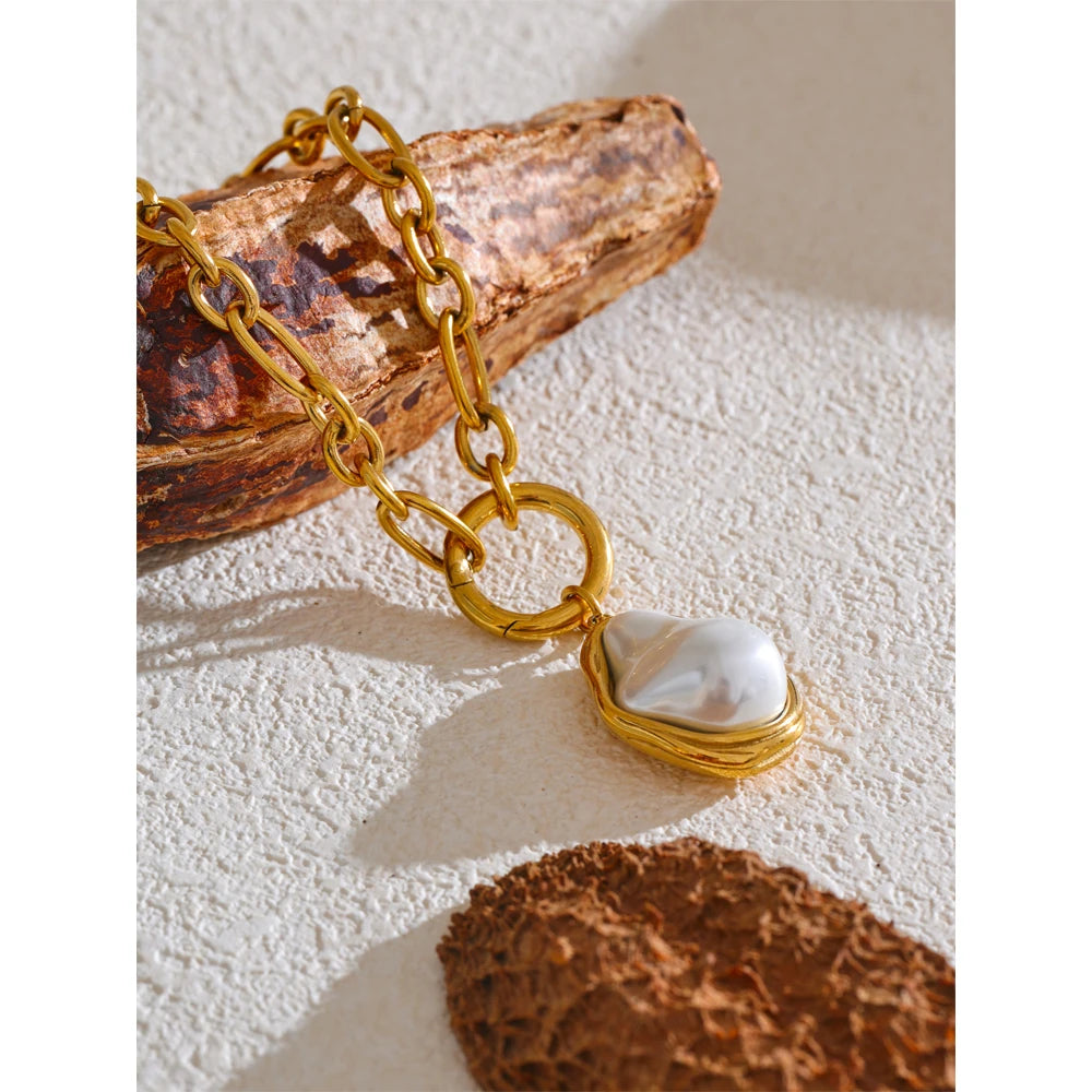 Yhpup 50CM Trendy Baroque Simulated Pearls Golden Pendant Necklace 18K PVD Plated Chain Stainless Steel Fashion Jewelry