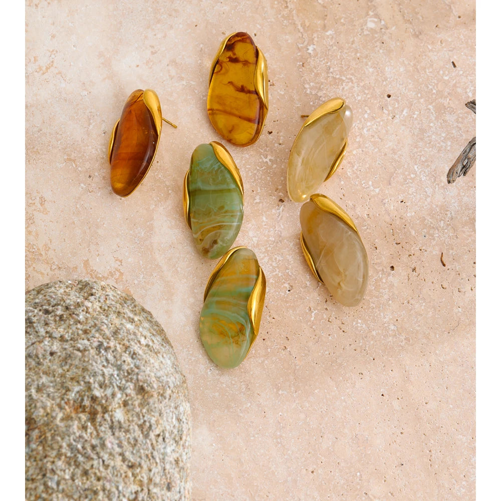 Yhpup New Resin Geometric Stud Earrings for Women 18K Golden Plated Stainless Steel Fashion Daily Jewelry Brown Green Beige