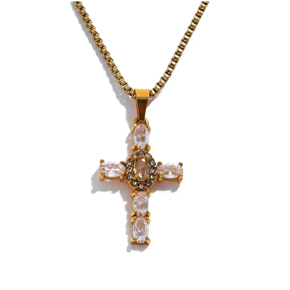 Yhpup Delicate Colorful Bling Cubic Zirconia Cross Pendant Stainless Steel Luxury Necklace High-Grade Fashion Shiny Jewelry Gift