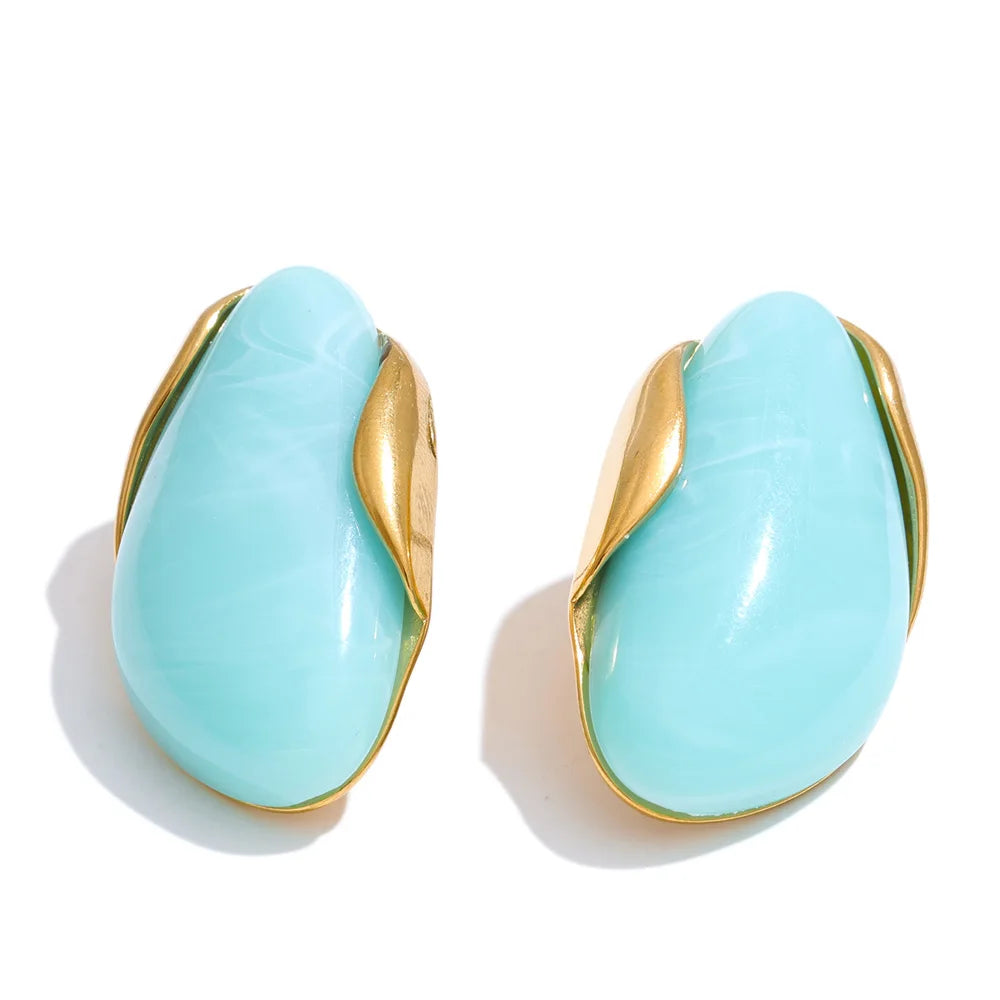 Yhpup New Resin Geometric Stud Earrings for Women 18K Golden Plated Stainless Steel Fashion Daily Jewelry Brown Green Beige