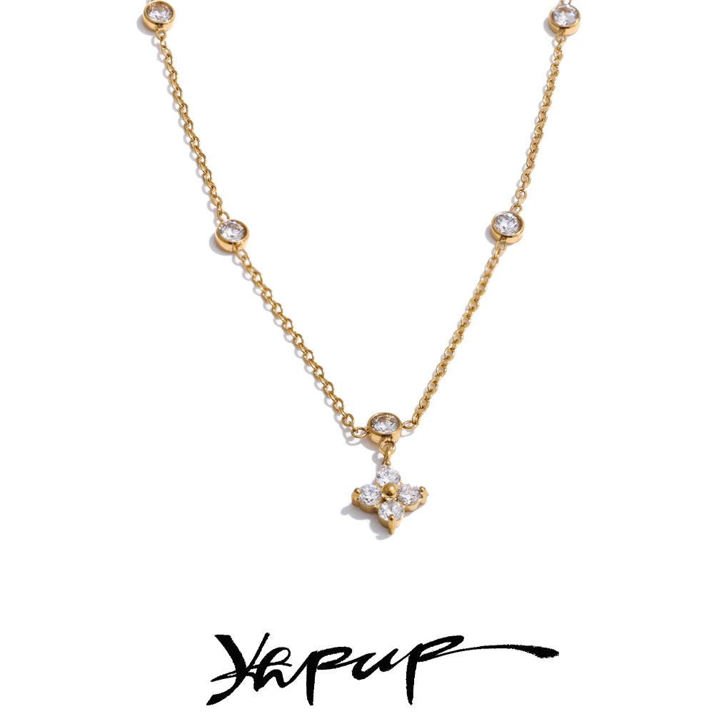 Yhpup Chic Cubic Zirconia Flower Pendant Exquisite Necklace for Women Stainless Steel Delicate Daily Sweet Jewelry Accessories
