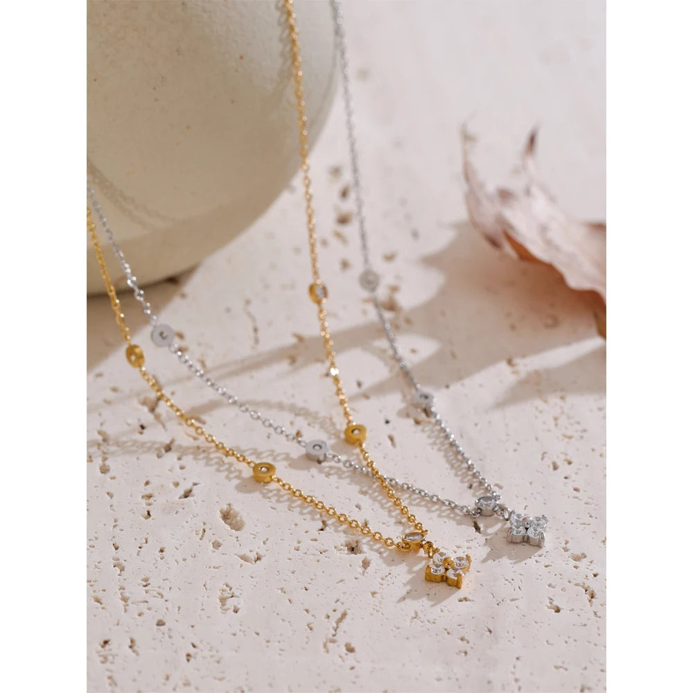 Yhpup Chic Cubic Zirconia Flower Pendant Exquisite Necklace for Women Stainless Steel Delicate Daily Sweet Jewelry Accessories