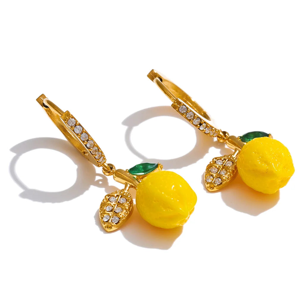Yhpup Fashion Yellow Resin Zirconia Fruit Lemon Dangle Earrings for Women Stainless Steel Arrivals Chic Jewelry Wholesale