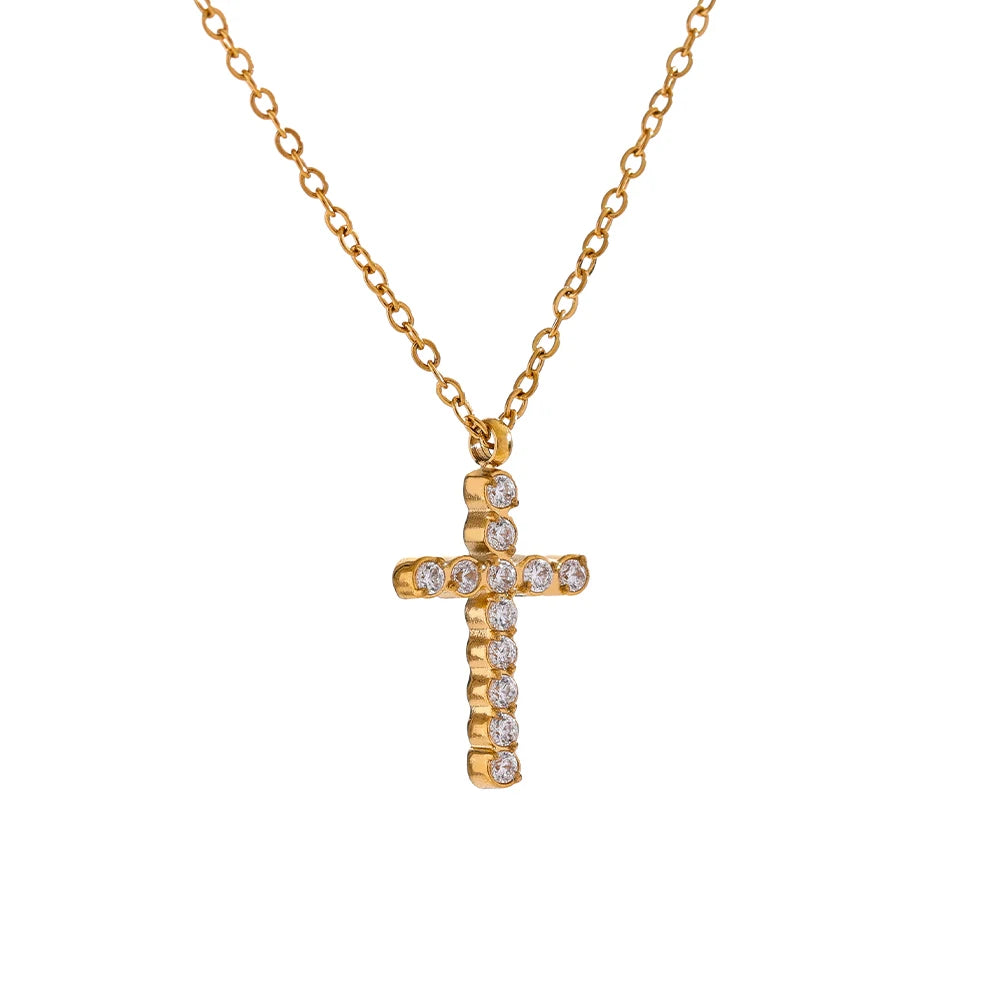 Yhpup Delicate Shiny Cubic Zirconia 316L Cross Pendant Necklace for Women Stainless Steel High Quality Jewelry Water Resistant