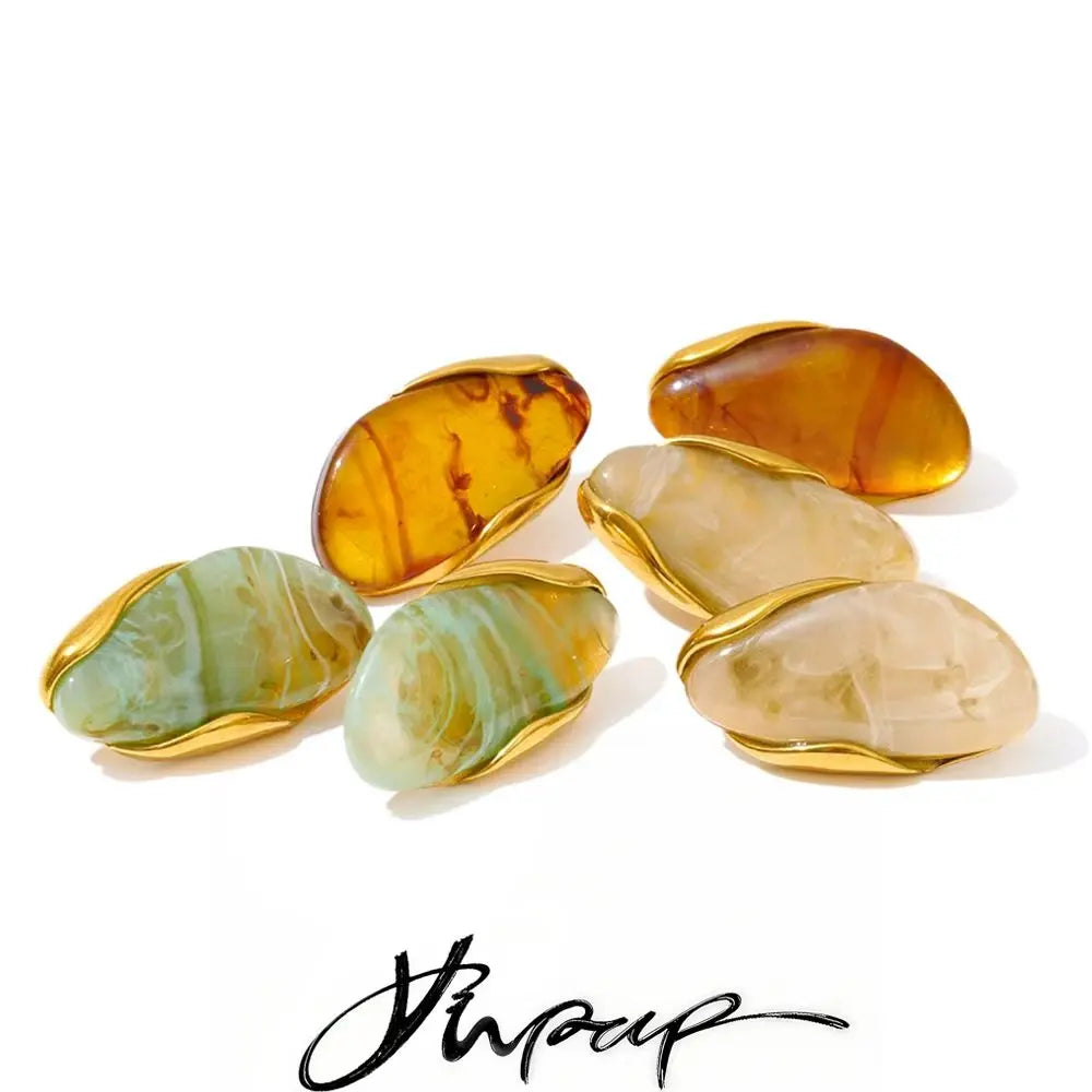 Yhpup New Resin Geometric Stud Earrings for Women 18K Golden Plated Stainless Steel Fashion Daily Jewelry Brown Green Beige