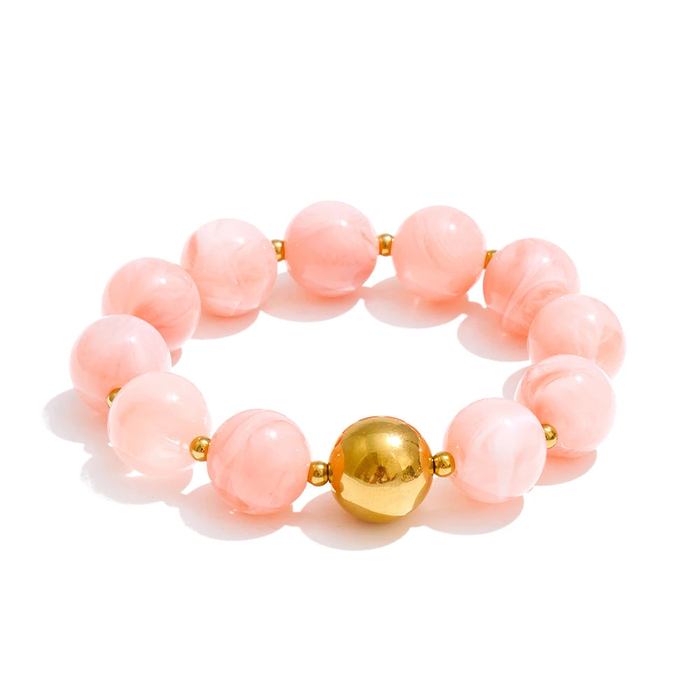 Yhpup Multi-color Resin Round Beads Chain Statement Necklace Bracelet Stainless Steel Popular Handmade Daily Trendy Jewelry Gift