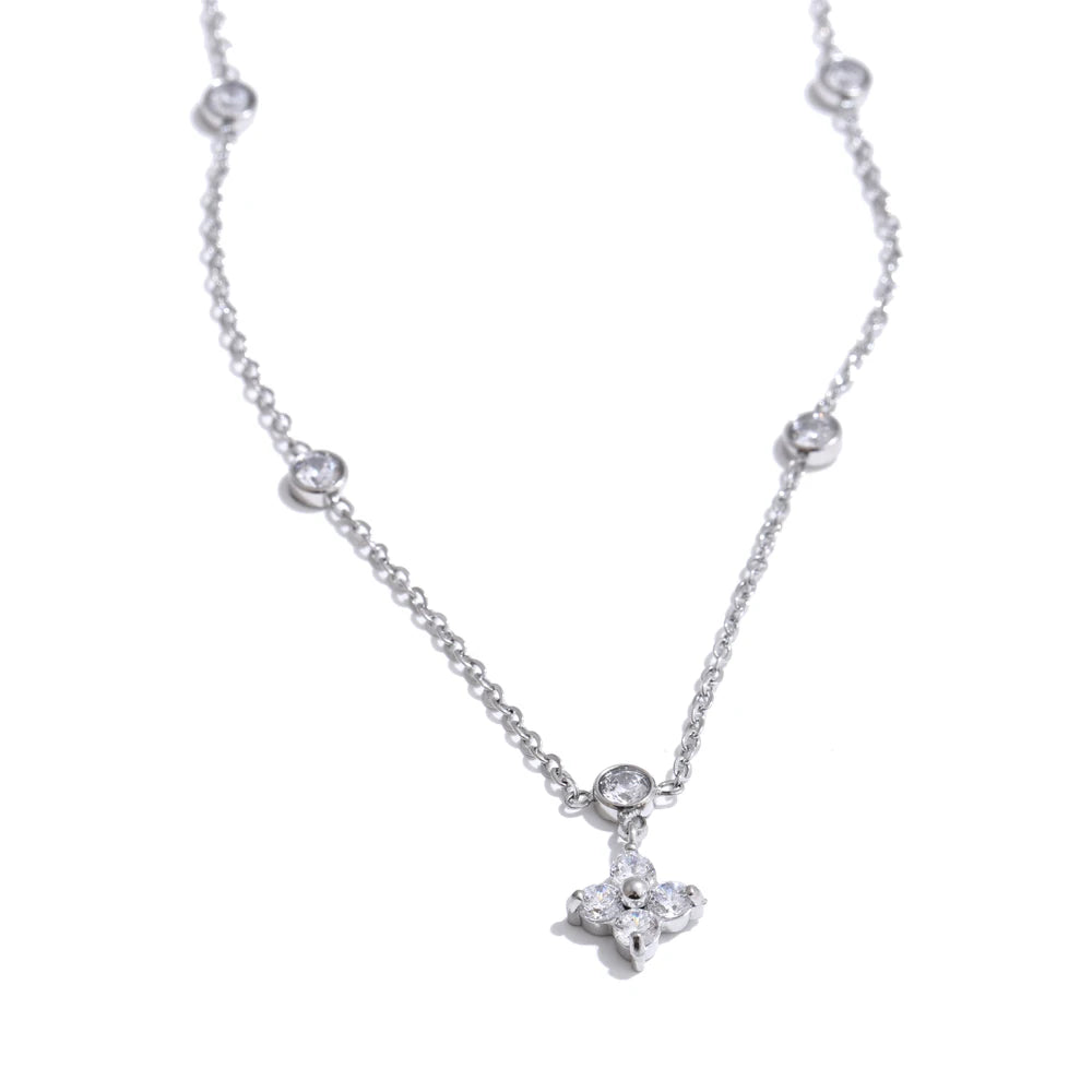 Yhpup Chic Cubic Zirconia Flower Pendant Exquisite Necklace for Women Stainless Steel Delicate Daily Sweet Jewelry Accessories
