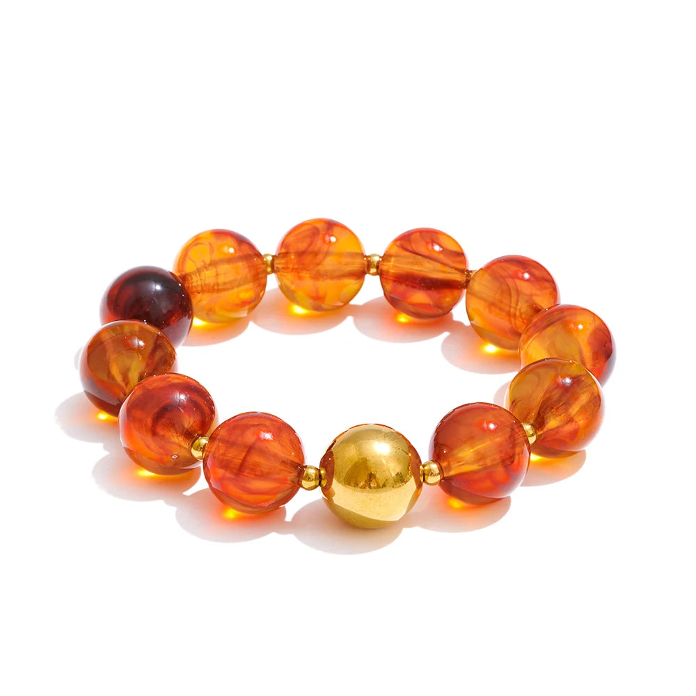 Yhpup Multi-color Resin Round Beads Chain Statement Necklace Bracelet Stainless Steel Popular Handmade Daily Trendy Jewelry Gift