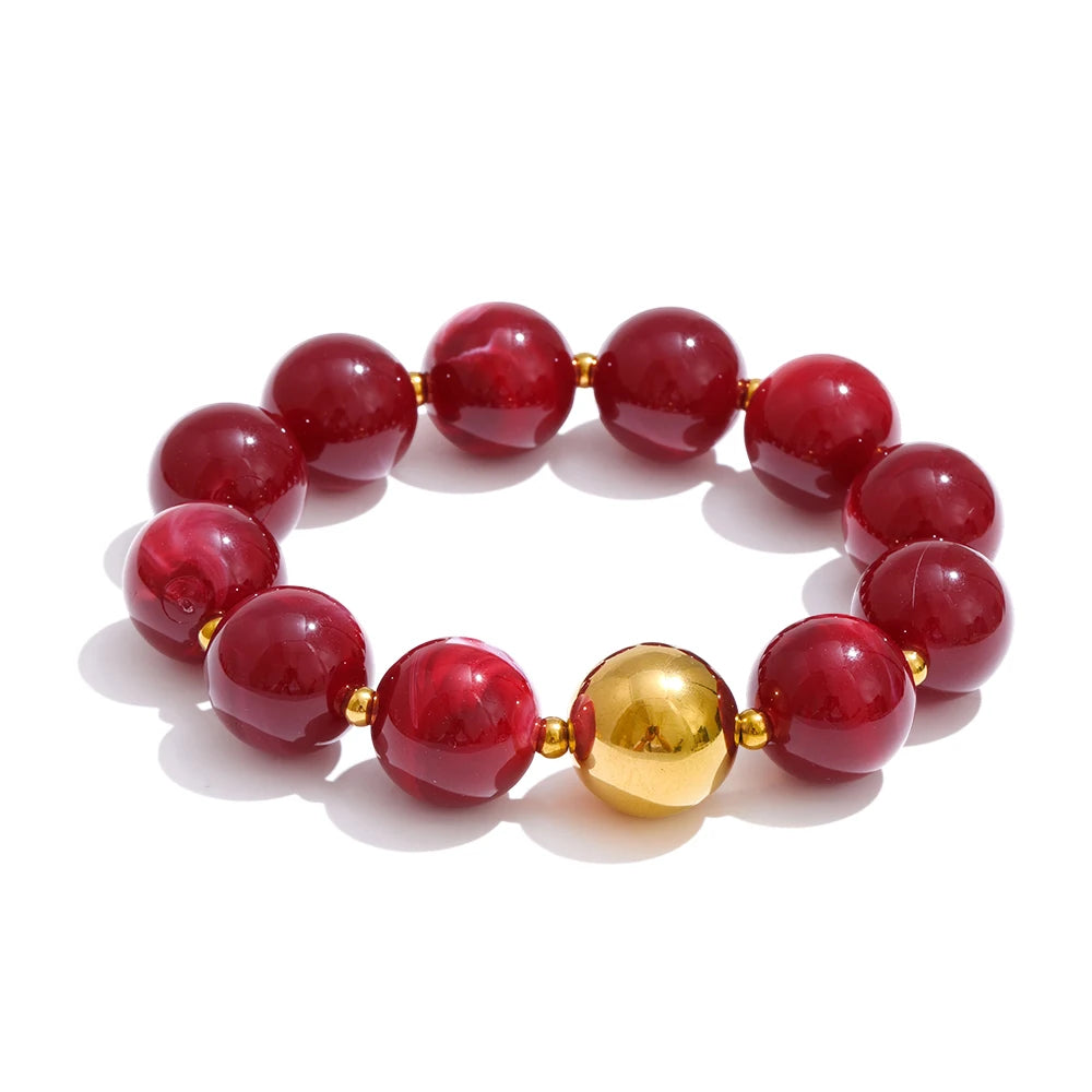 Yhpup Multi-color Resin Round Beads Chain Statement Necklace Bracelet Stainless Steel Popular Handmade Daily Trendy Jewelry Gift