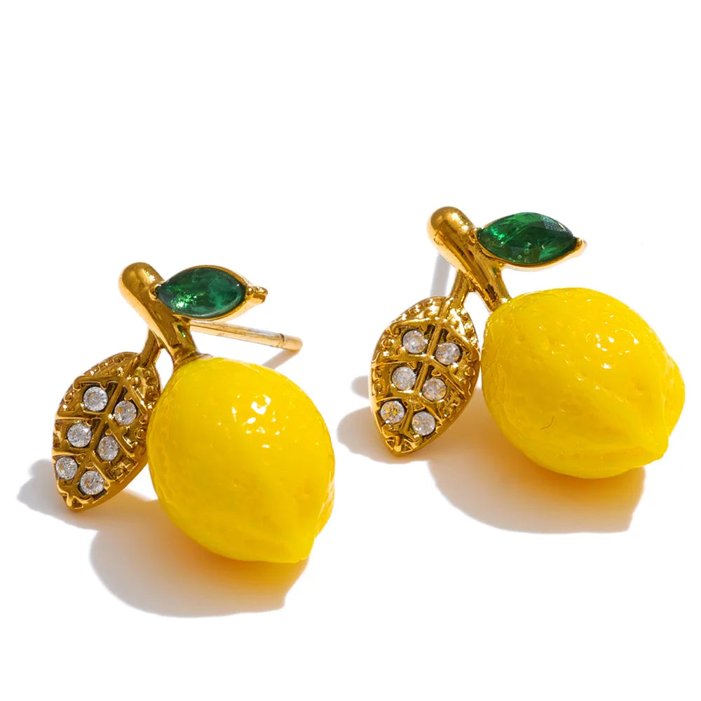 Yhpup Fashion Yellow Resin Zirconia Fruit Lemon Dangle Earrings for Women Stainless Steel Arrivals Chic Jewelry Wholesale