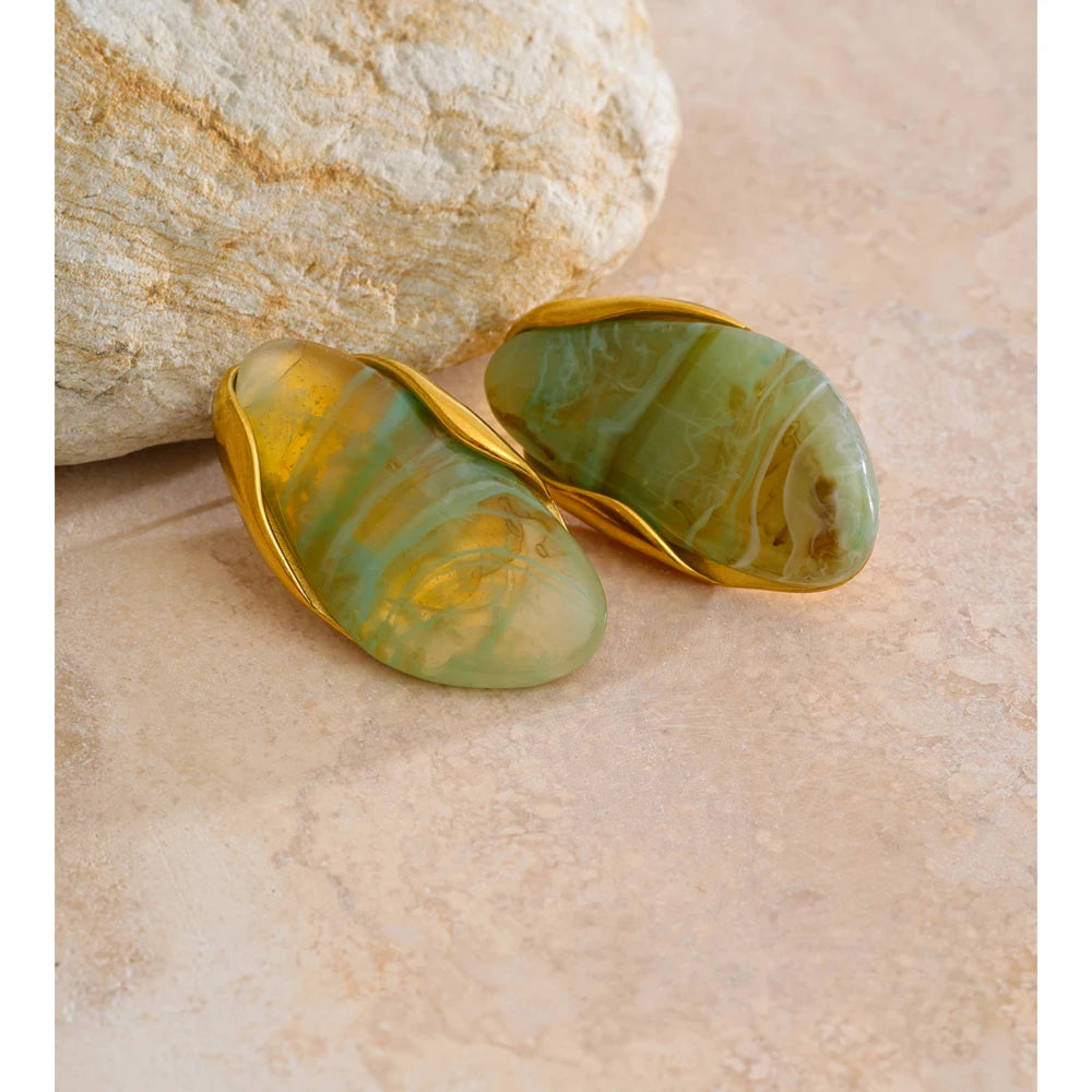 Yhpup New Resin Geometric Stud Earrings for Women 18K Golden Plated Stainless Steel Fashion Daily Jewelry Brown Green Beige