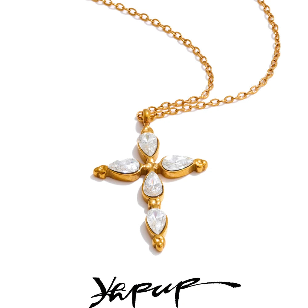 Yhpup Delicate Shiny Cubic Zirconia Cross Necklace Pendant Stainless Steel Temperament Premium Jewelry High Quality
