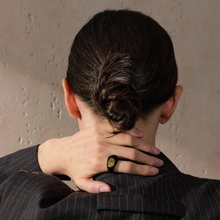 Yhpup 6789# Stainless Steel Black Enamel Geometric 316L Unique Ring Minimalist Texture Waterproof Finger Unusual Jewelry New