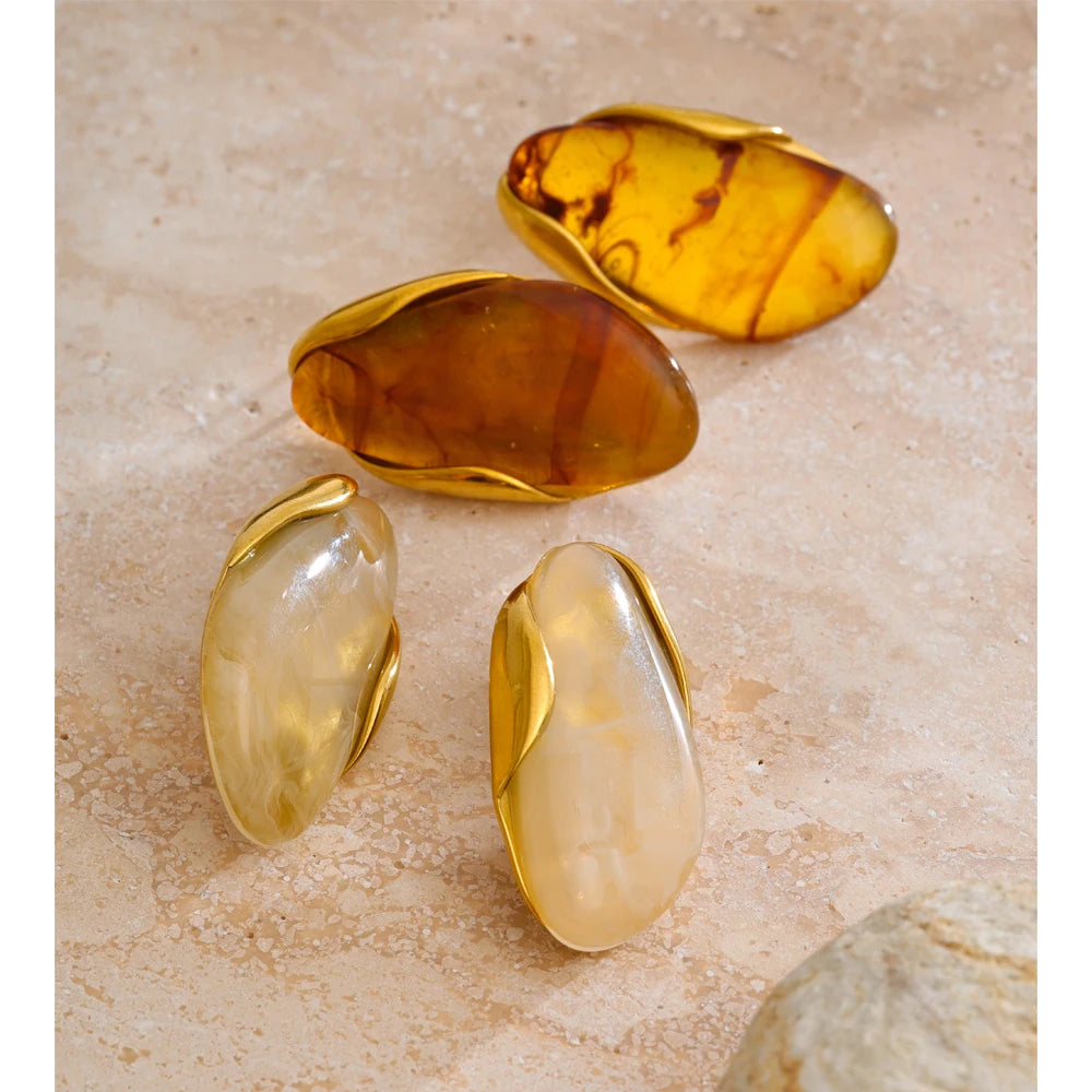 Yhpup New Resin Geometric Stud Earrings for Women 18K Golden Plated Stainless Steel Fashion Daily Jewelry Brown Green Beige