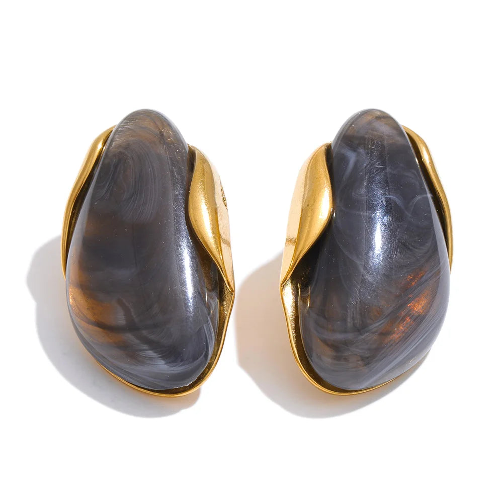 Yhpup New Resin Geometric Stud Earrings for Women 18K Golden Plated Stainless Steel Fashion Daily Jewelry Brown Green Beige