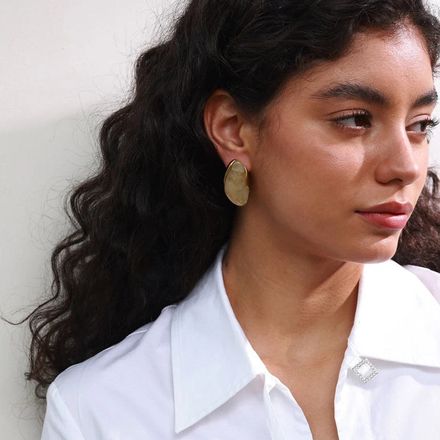 Yhpup New Resin Geometric Stud Earrings for Women 18K Golden Plated Stainless Steel Fashion Daily Jewelry Brown Green Beige