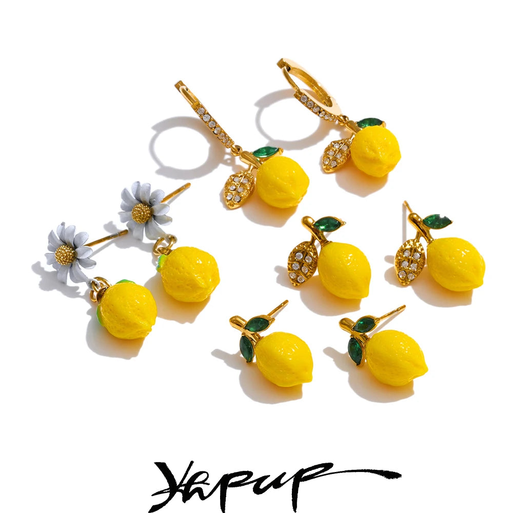 Yhpup Fashion Yellow Resin Zirconia Fruit Lemon Dangle Earrings for Women Stainless Steel Arrivals Chic Jewelry Wholesale