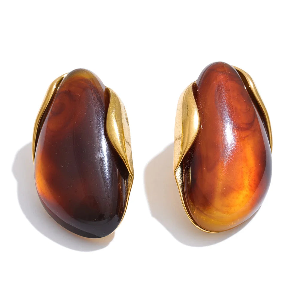 Yhpup New Resin Geometric Stud Earrings for Women 18K Golden Plated Stainless Steel Fashion Daily Jewelry Brown Green Beige