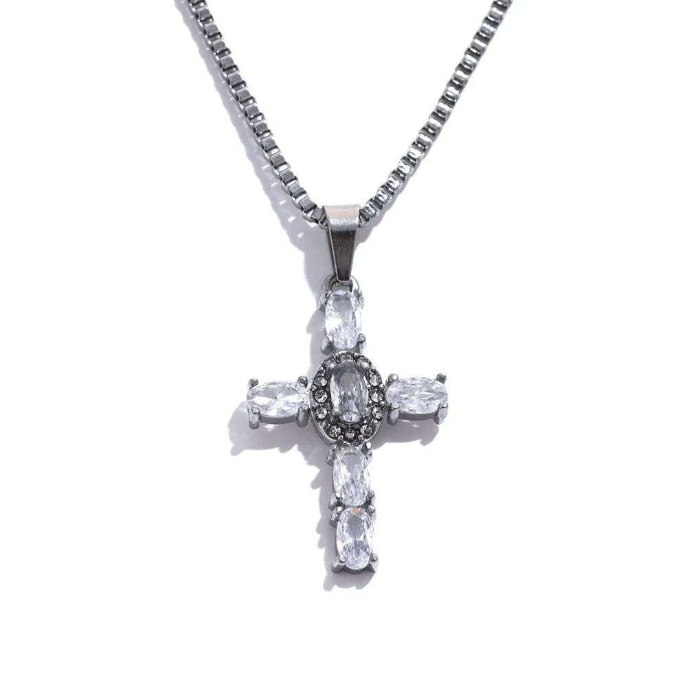 Yhpup Delicate Colorful Bling Cubic Zirconia Cross Pendant Stainless Steel Luxury Necklace High-Grade Fashion Shiny Jewelry Gift