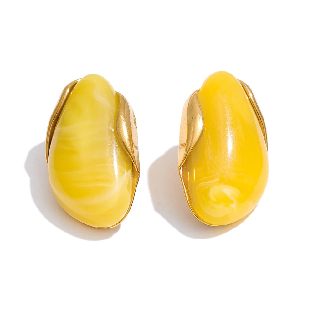 Yhpup New Resin Geometric Stud Earrings for Women 18K Golden Plated Stainless Steel Fashion Daily Jewelry Brown Green Beige