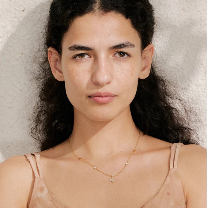 Yhpup Chic Cubic Zirconia Flower Pendant Exquisite Necklace for Women Stainless Steel Delicate Daily Sweet Jewelry Accessories